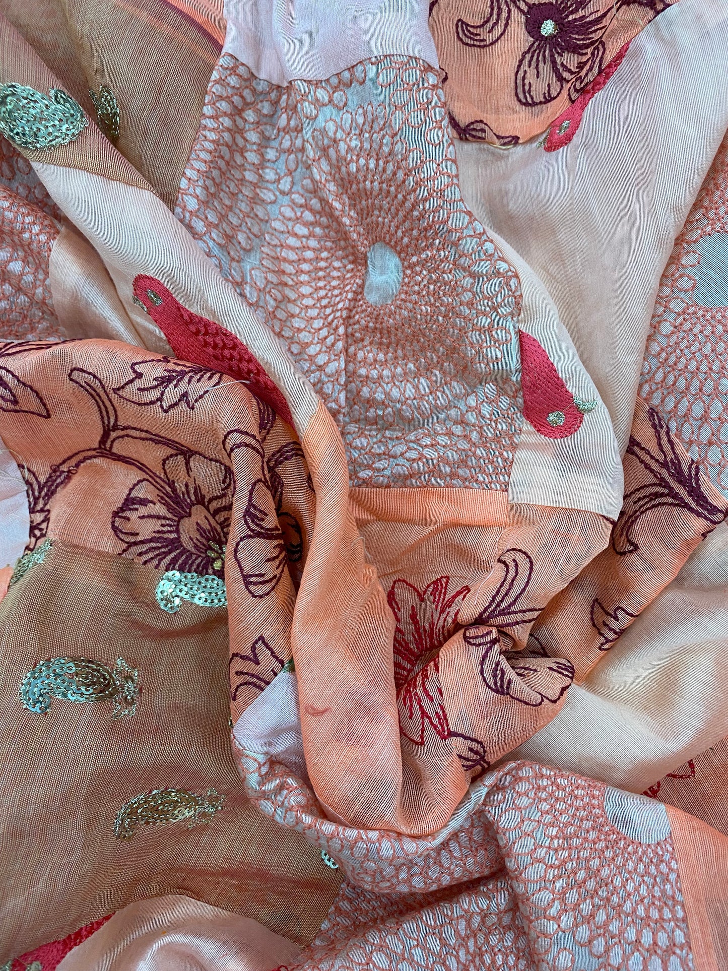 Peach And Off White Patchwork With Premium Thread Embroidery And Zari And Sequin Work On Cotton Fabric