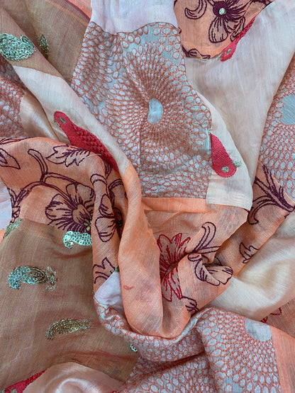 Peach And Off White Patchwork With Premium Thread Embroidery And Zari And Sequin Work On Cotton Fabric