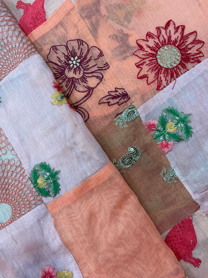 Peach And Off White Patchwork With Premium Thread Embroidery And Zari And Sequin Work On Cotton Fabric