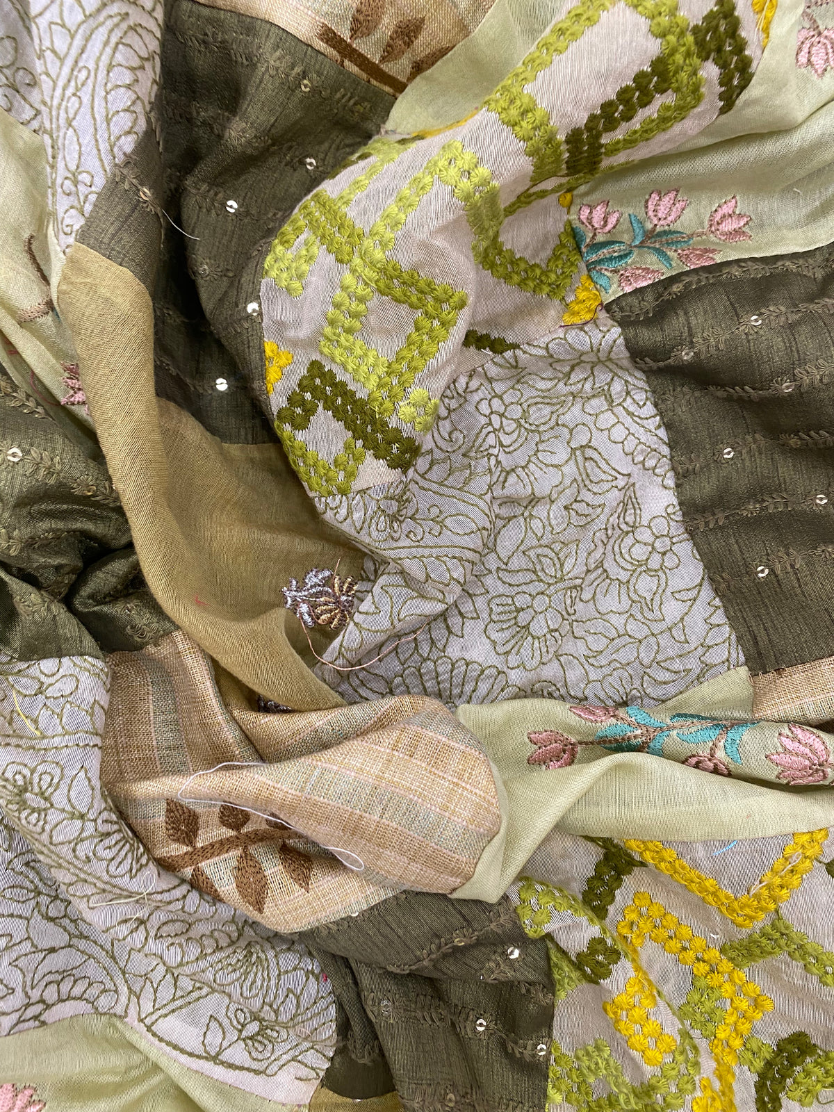 Patchwork String Green Olive Green And Light Green Patchwork With Floral And Cross Thread Emb ...