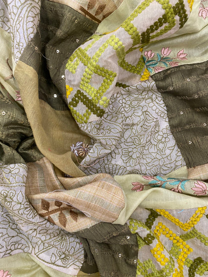 Olive Green And Light Green Patchwork With Floral And Cross Thread Embroidery And Sequin Work On Cotton Fabric