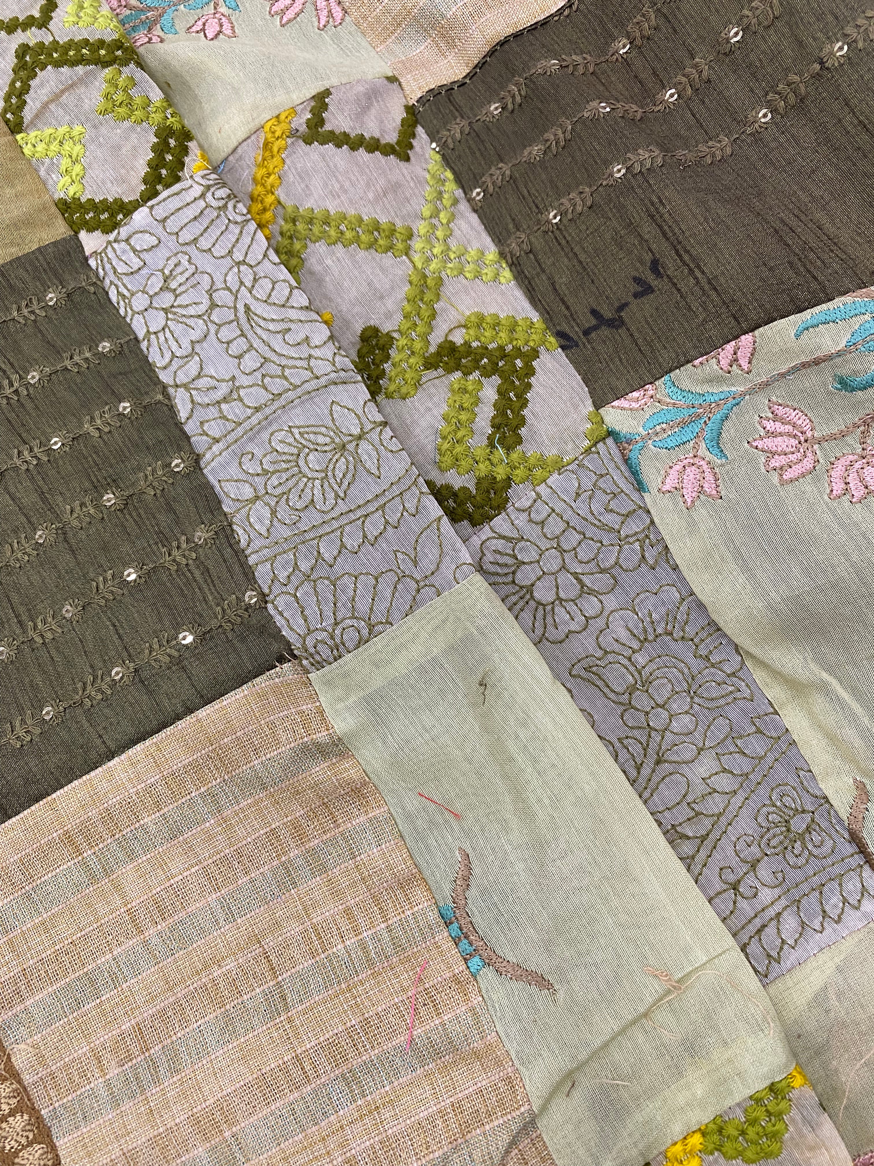 Olive Green And Light Green Patchwork With Floral And Cross Thread Emb ...