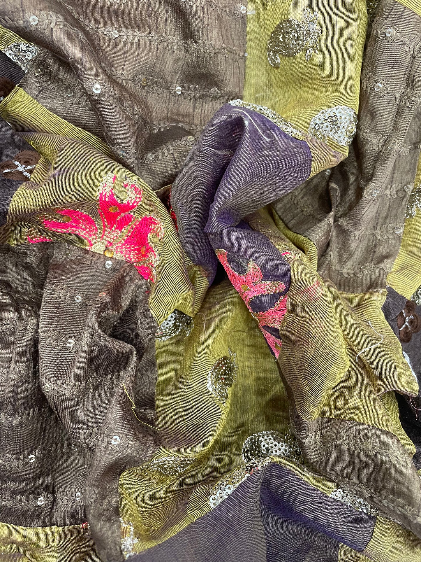 Brown And Green Patchwork With Pretty Floral Thread Embroidery And Sequin And Beads Work On Cotton Fabric