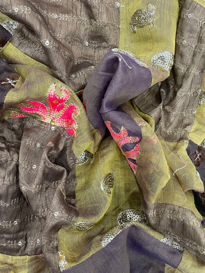 Brown And Green Patchwork With Pretty Floral Thread Embroidery And Sequin And Beads Work On Cotton Fabric