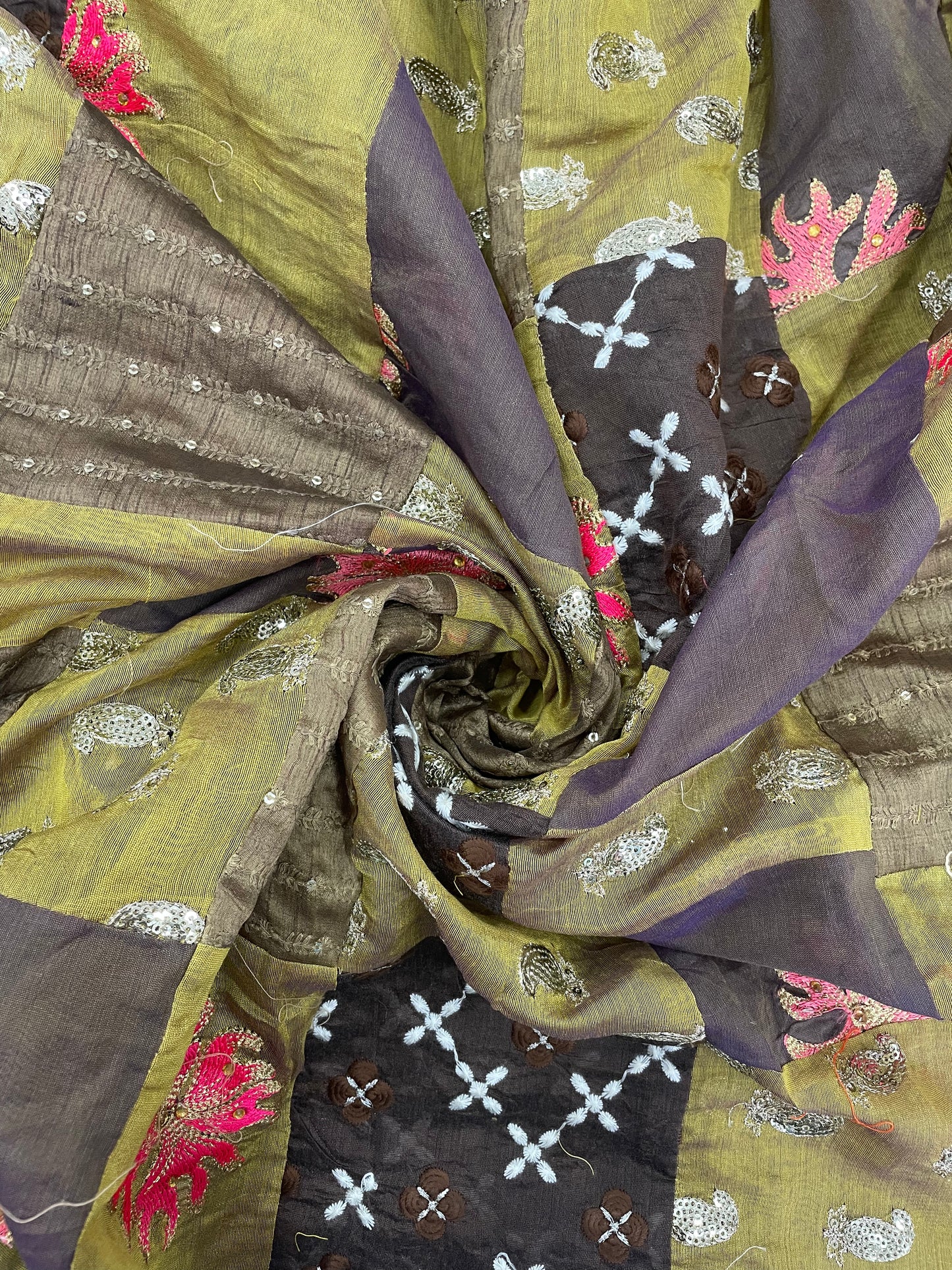 Brown And Green Patchwork With Pretty Floral Thread Embroidery And Sequin And Beads Work On Cotton Fabric