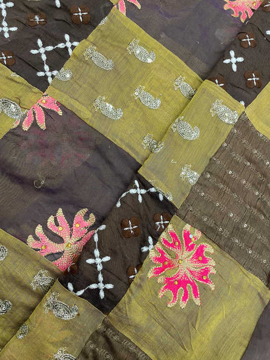 Brown And Green Patchwork With Pretty Floral Thread Embroidery And Sequin And Beads Work On Cotton Fabric