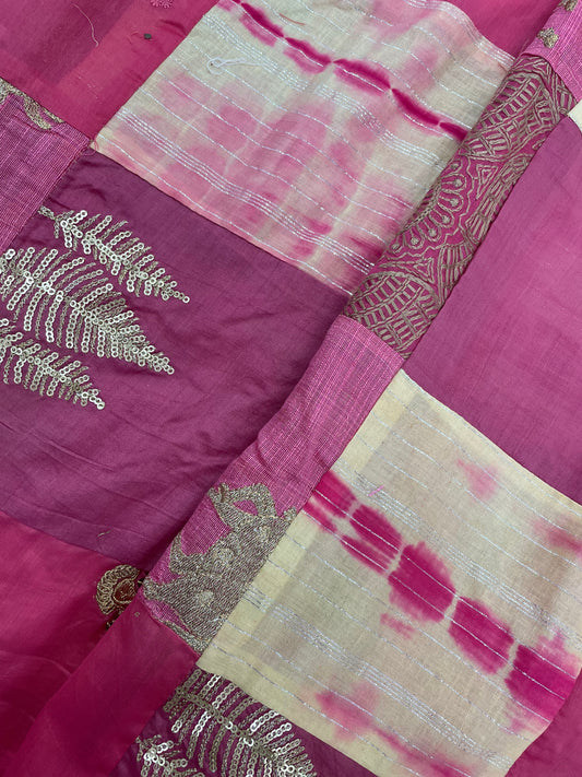 Pink And Cream Colored Patchwork With Tye Dye Effect And Thread Embroidery With Premium Zari And Sequin Work On Cotton Fabric