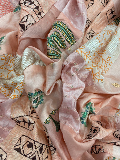 Light Pink And Peach Patchwork With Traditional Thread Embroidery With Sequin And Zari Work On Cotton Fabric