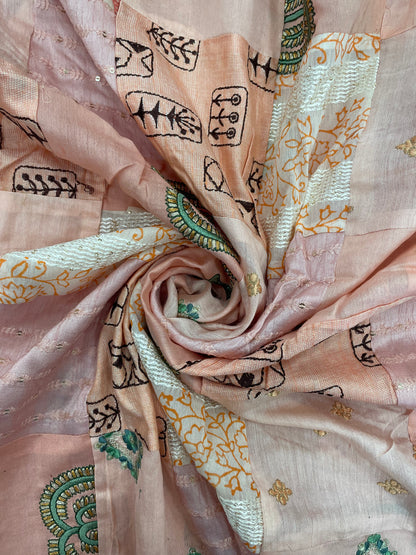 Light Pink And Peach Patchwork With Traditional Thread Embroidery With Sequin And Zari Work On Cotton Fabric