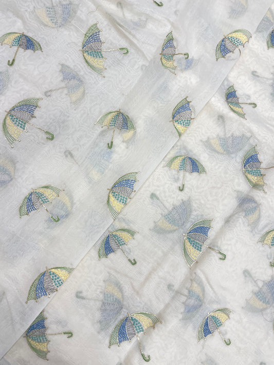 Unique Fantastic Umbrella Multi Color Thread Embroidery With Foil Work On Chanderi Silk Fabric