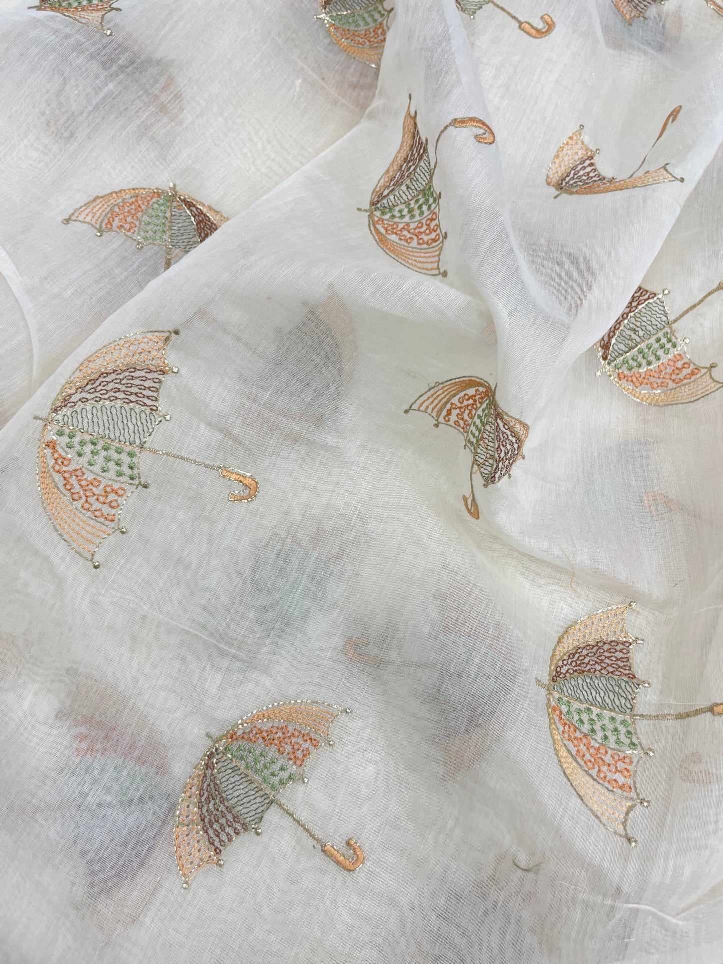 Unique Fantastic Umbrella Multi Color Thread Embroidery With Foil Work On Chanderi Silk Fabric