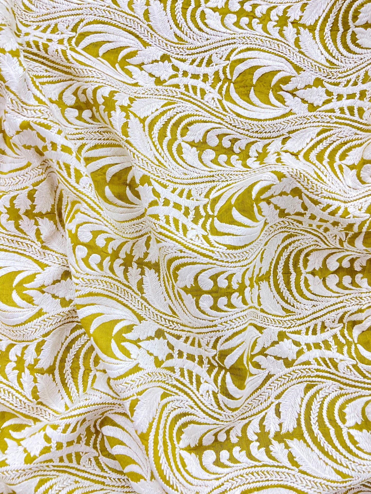 Unique Traditional White Thread Embroidery All Over Chanderi Silk Fabric