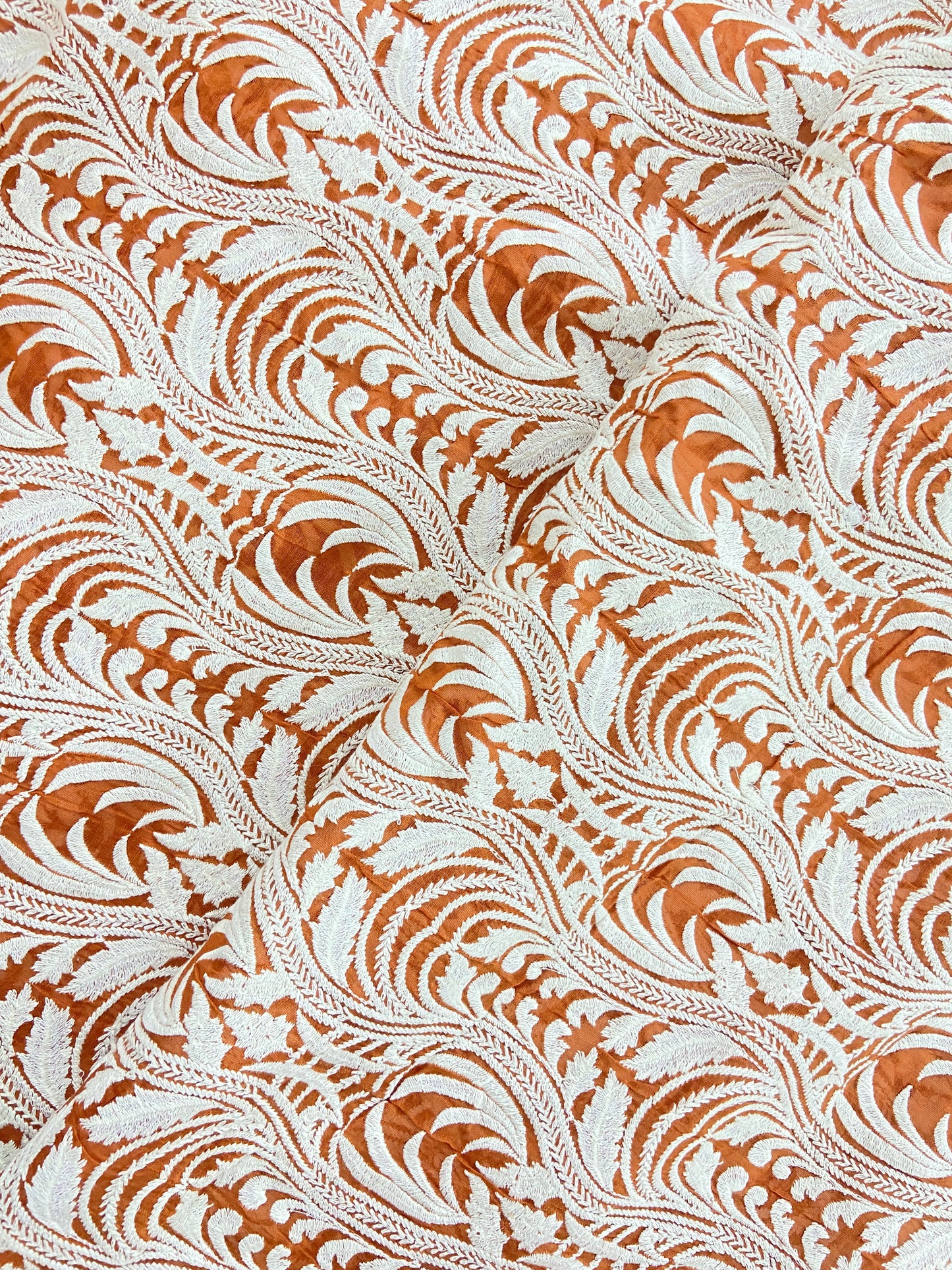 Unique Traditional White Thread Embroidery All Over Chanderi Silk Fabric