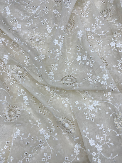 Pretty Classic Thread Embroidery With Sequence Work On Chanderi Silk Fabric