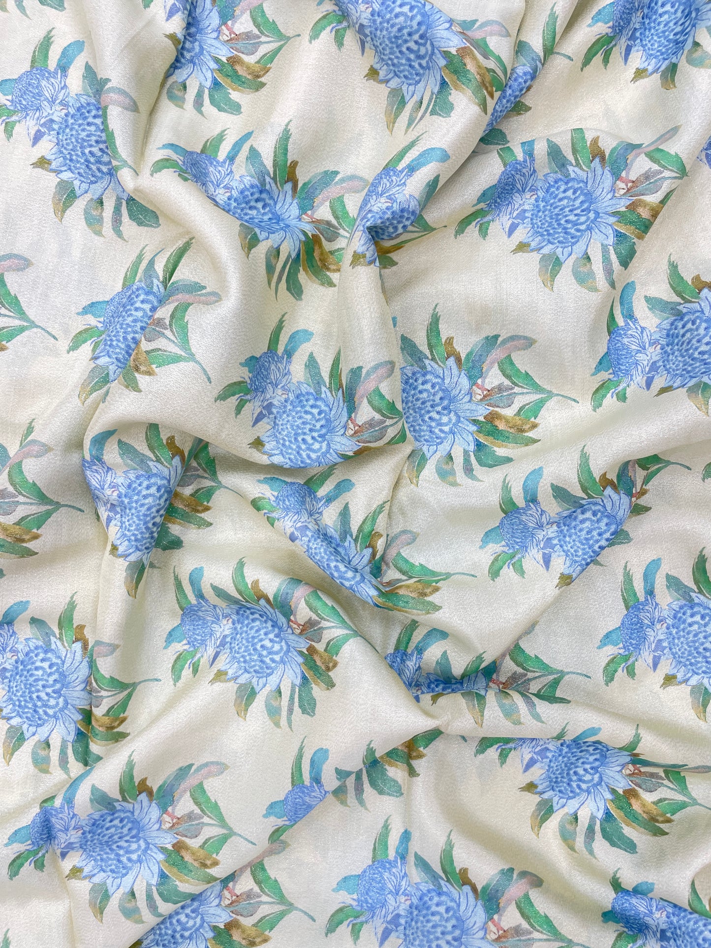 Pretty Elegant Blue Flower Print On Crepe Tissue Fabric