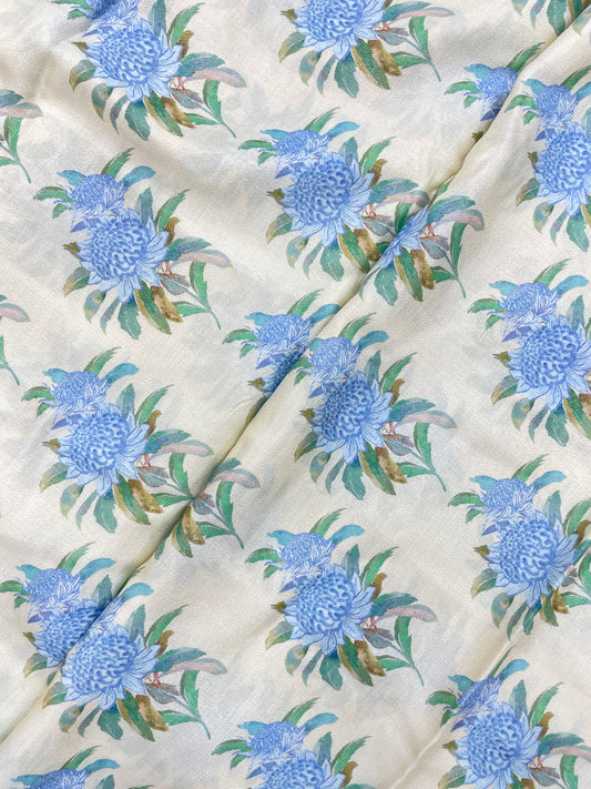 Pretty Elegant Blue Flower Print On Crepe Tissue Fabric