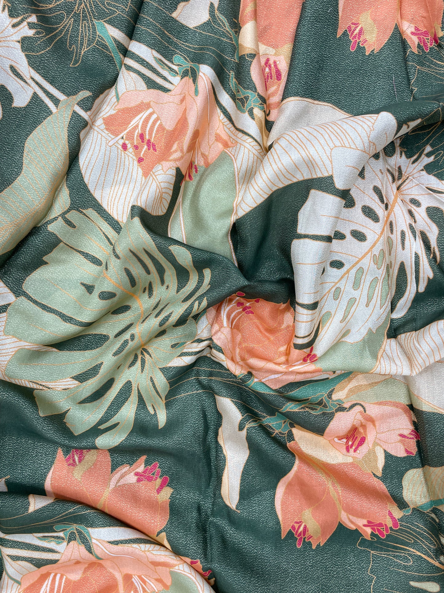 Luxurious Unique Flower And Leaf Print On Crepe Tissue Fabric