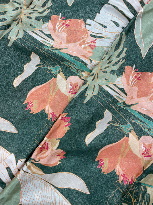 Luxurious Unique Flower And Leaf Print On Crepe Tissue Fabric