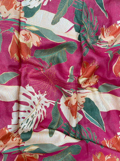 Luxurious Unique Flower And Leaf Print On Crepe Tissue Fabric