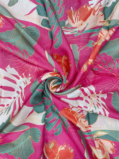 Luxurious Unique Flower And Leaf Print On Crepe Tissue Fabric