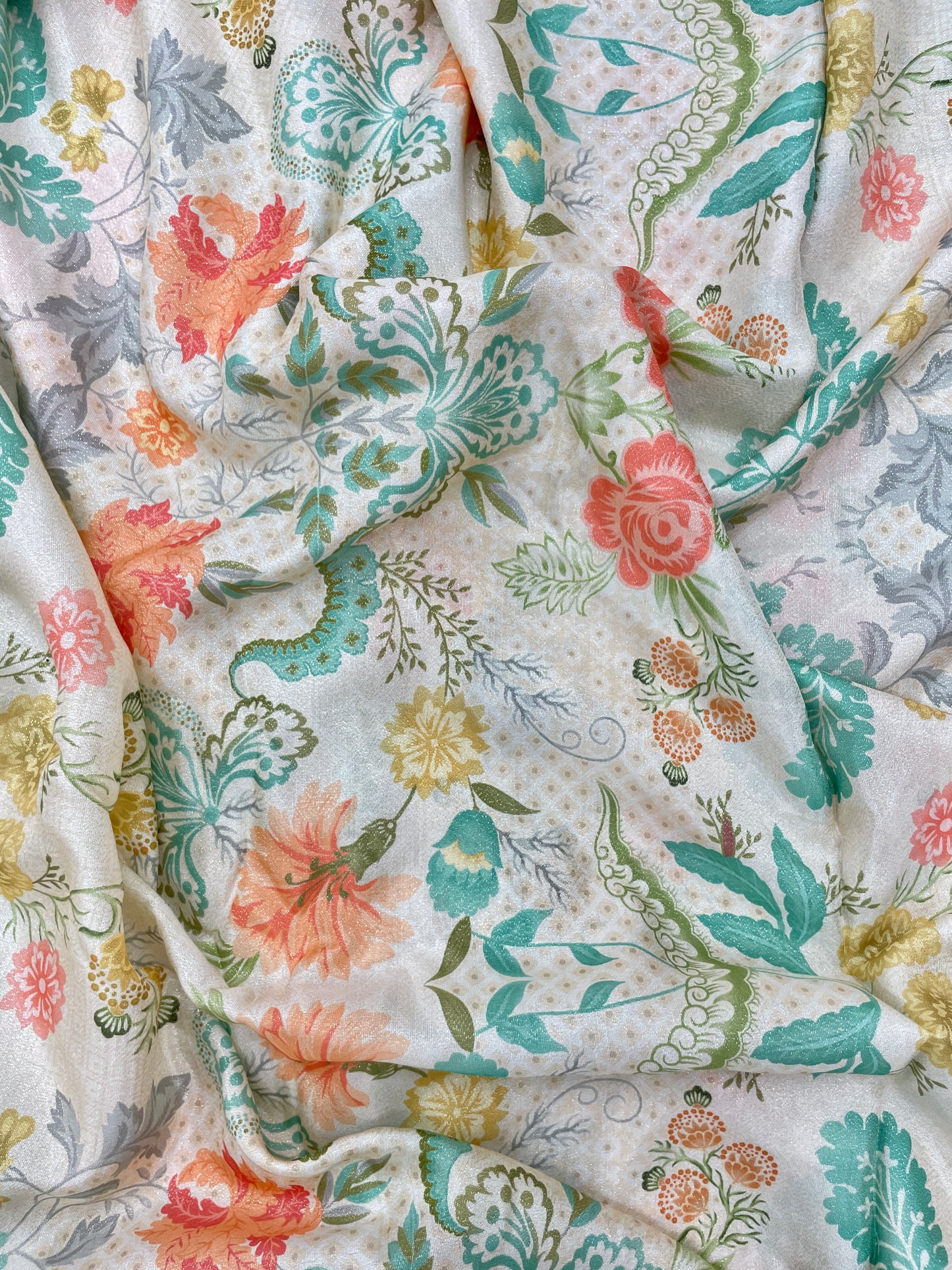 Eye Catching Unique Green And Orange Floral And Leaf Print On Crepe Tissue Fabric