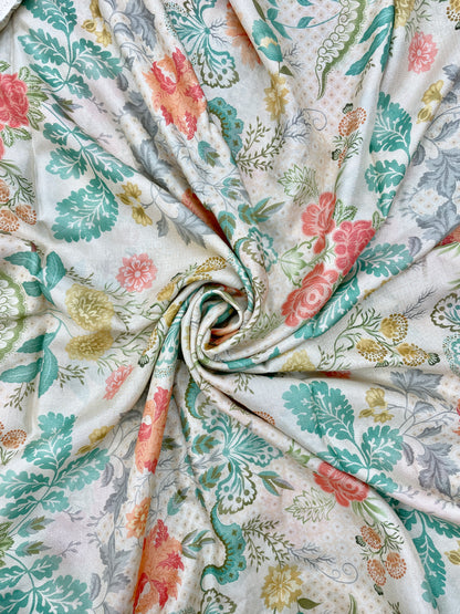 Eye Catching Unique Green And Orange Floral And Leaf Print On Crepe Tissue Fabric