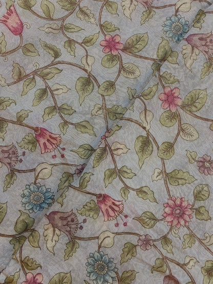 Pretty Attractive Pink And Blue Flowers With Leaf Print On Chanderi Tissue Fabric