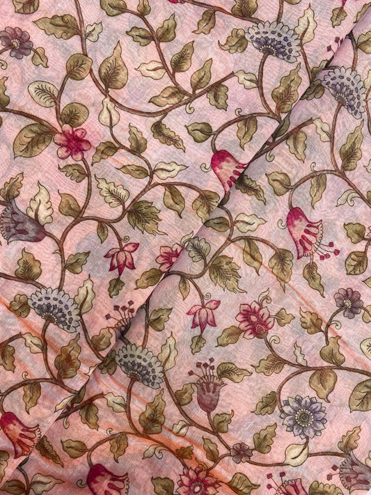 Pretty Attractive Pink And Blue Flowers With Leaf Print On Chanderi Tissue Fabric