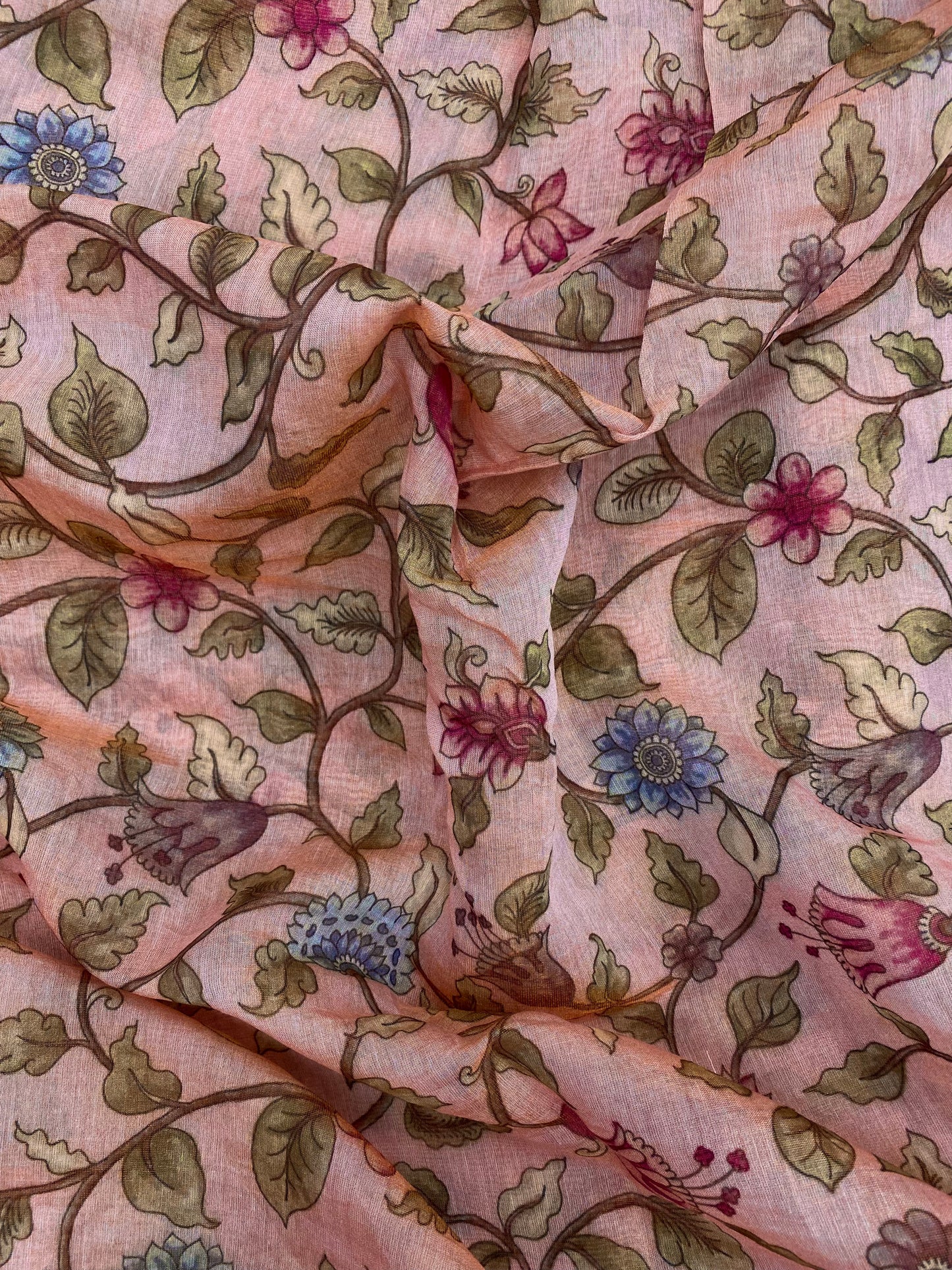 Pretty Attractive Pink And Blue Flowers With Leaf Print On Chanderi Tissue Fabric