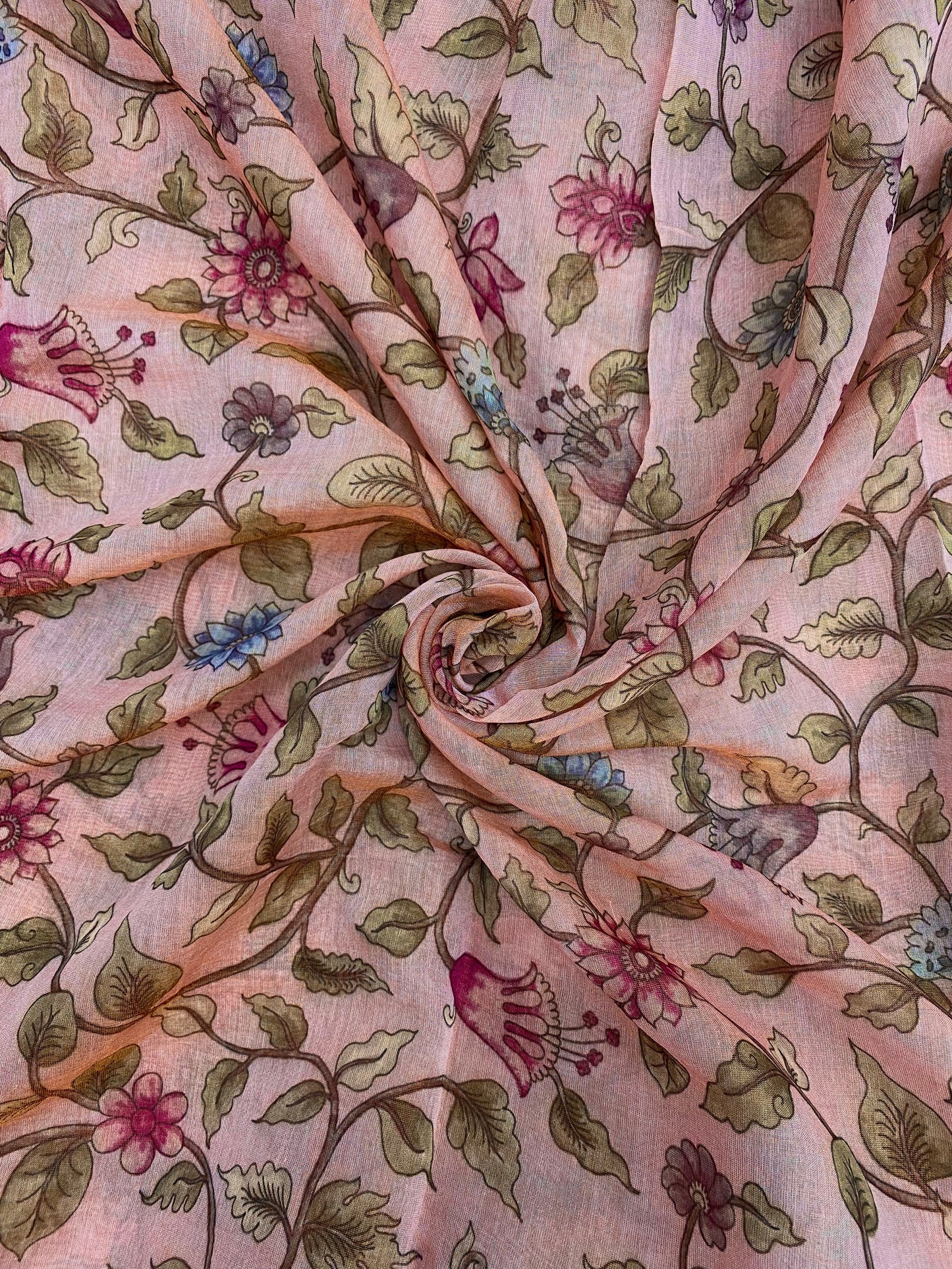 Pretty Attractive Pink And Blue Flowers With Leaf Print On Chanderi Tissue Fabric