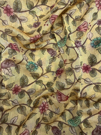 Pretty Attractive Pink And Blue Flowers With Leaf Print On Chanderi Tissue Fabric