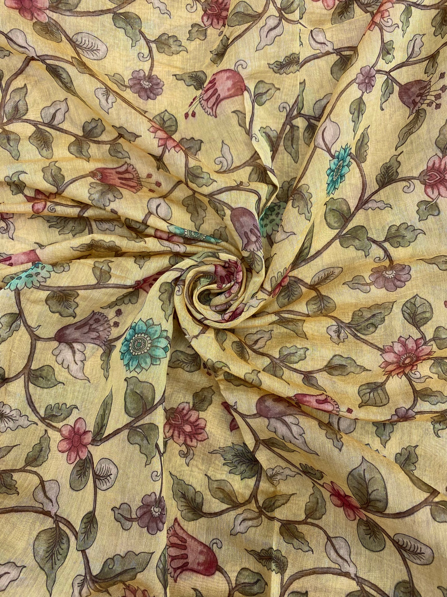 Pretty Attractive Pink And Blue Flowers With Leaf Print On Chanderi Tissue Fabric