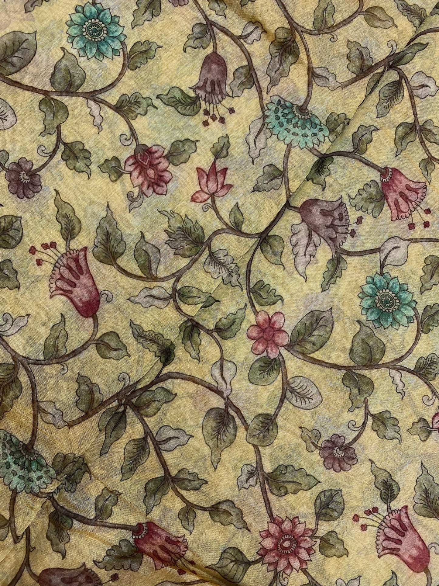 Pretty Attractive Pink And Blue Flowers With Leaf Print On Chanderi Tissue Fabric