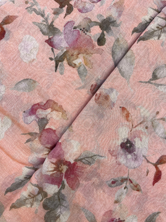 Glorious Amazing Pink Color Flower Print On Chanderi Tissue Fabric