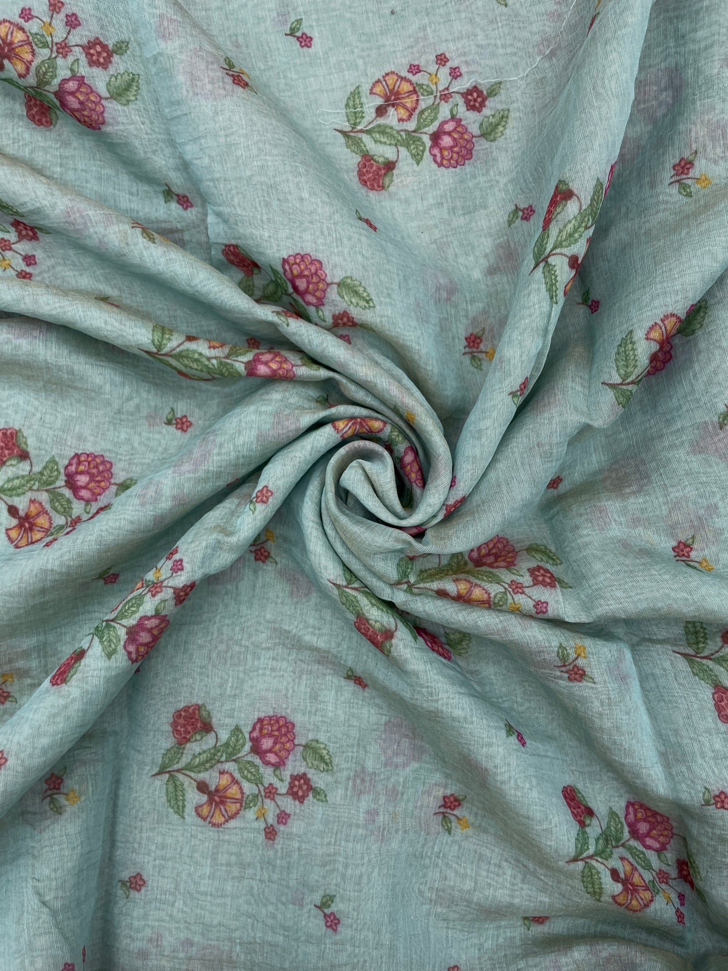 Adorable Eye Catching Dainty Pink And Peach Flower Print On Chanderi Tissue Fabric