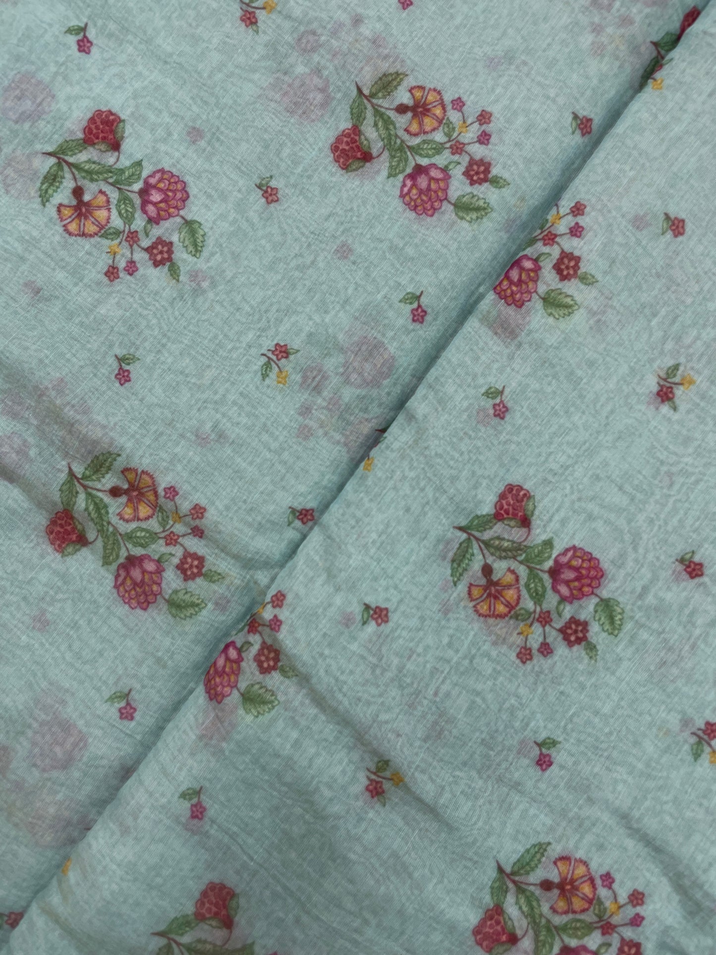 Adorable Eye Catching Dainty Pink And Peach Flower Print On Chanderi Tissue Fabric