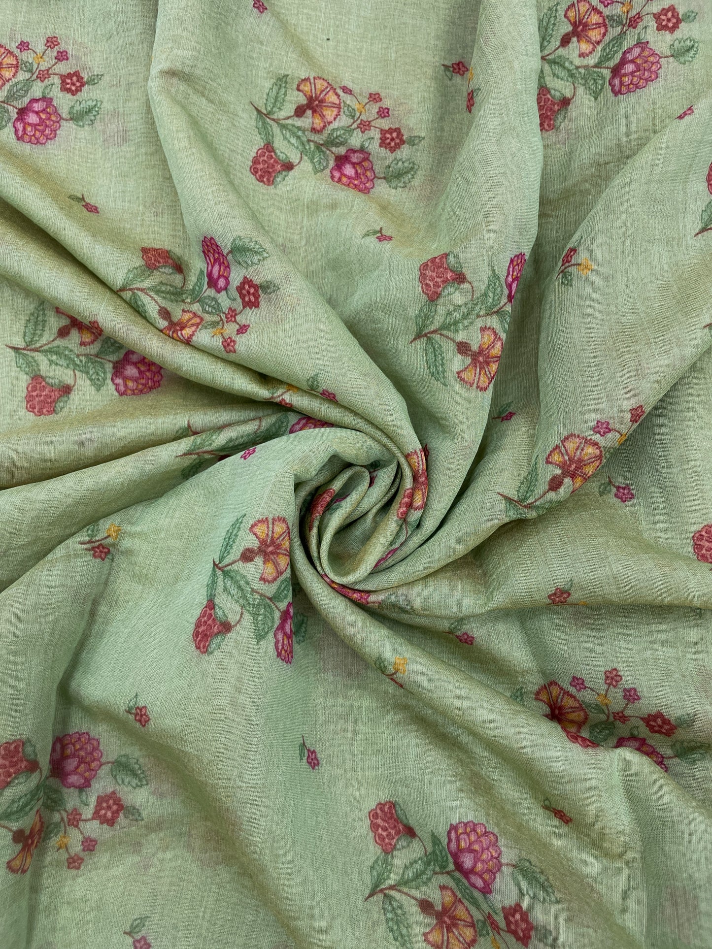 Adorable Eye Catching Dainty Pink And Peach Flower Print On Chanderi Tissue Fabric