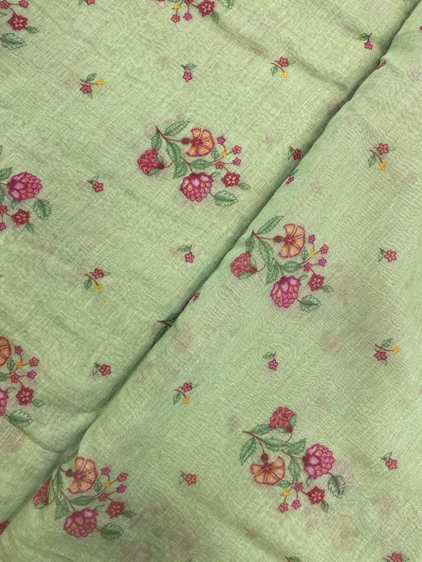 Adorable Eye Catching Dainty Pink And Peach Flower Print On Chanderi Tissue Fabric