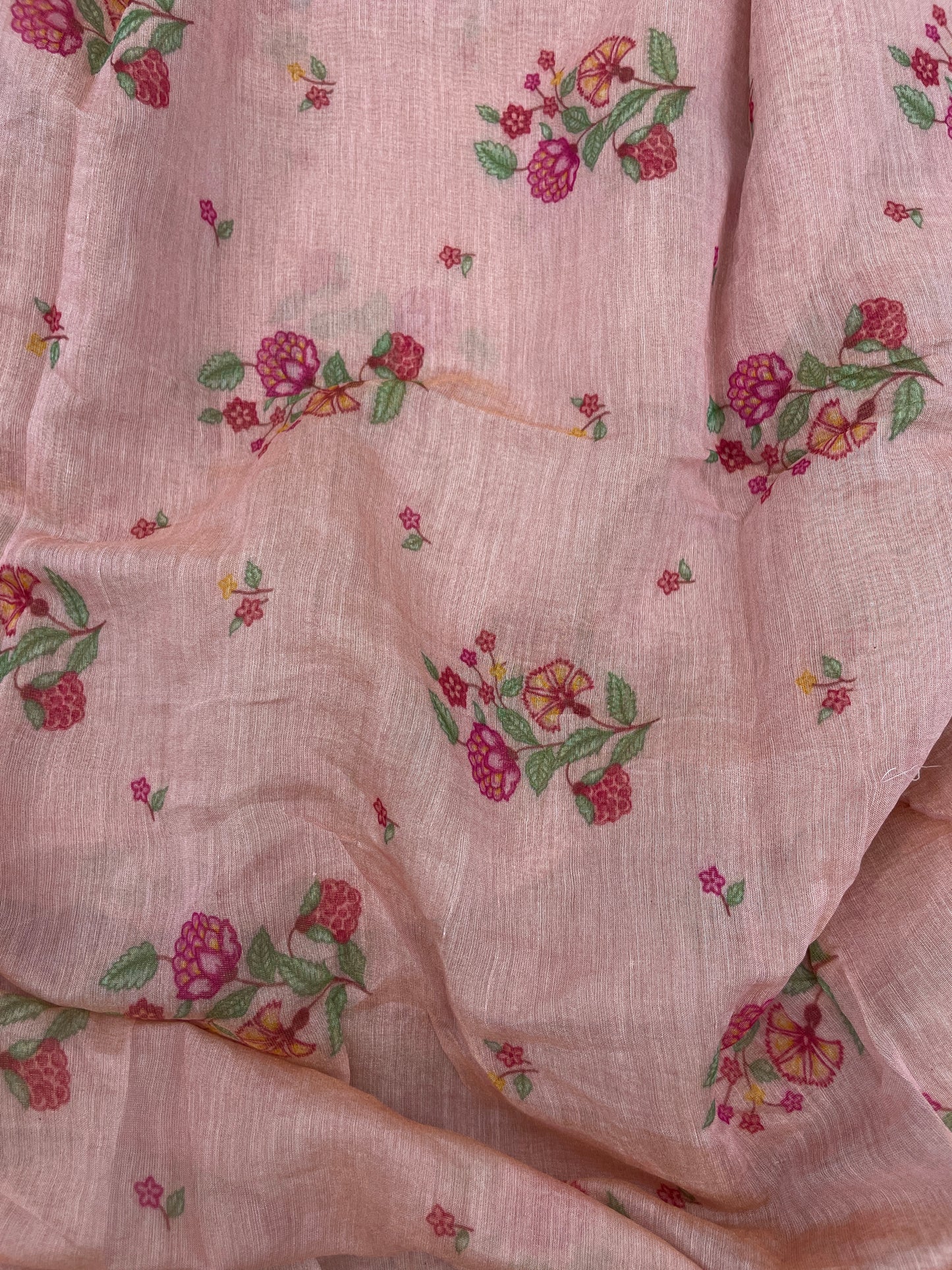 Adorable Eye Catching Dainty Pink And Peach Flower Print On Chanderi Tissue Fabric