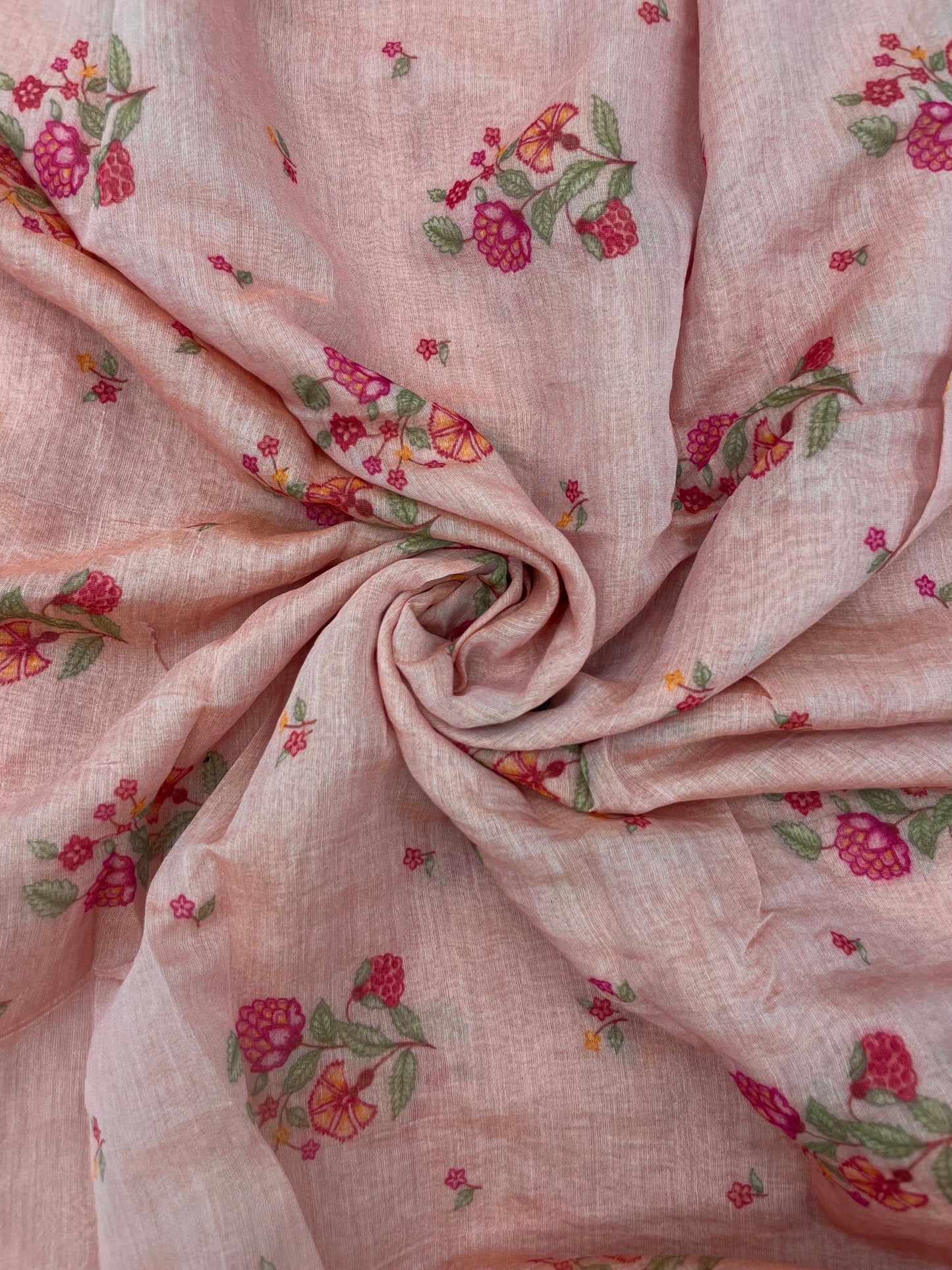 Adorable Eye Catching Dainty Pink And Peach Flower Print On Chanderi Tissue Fabric