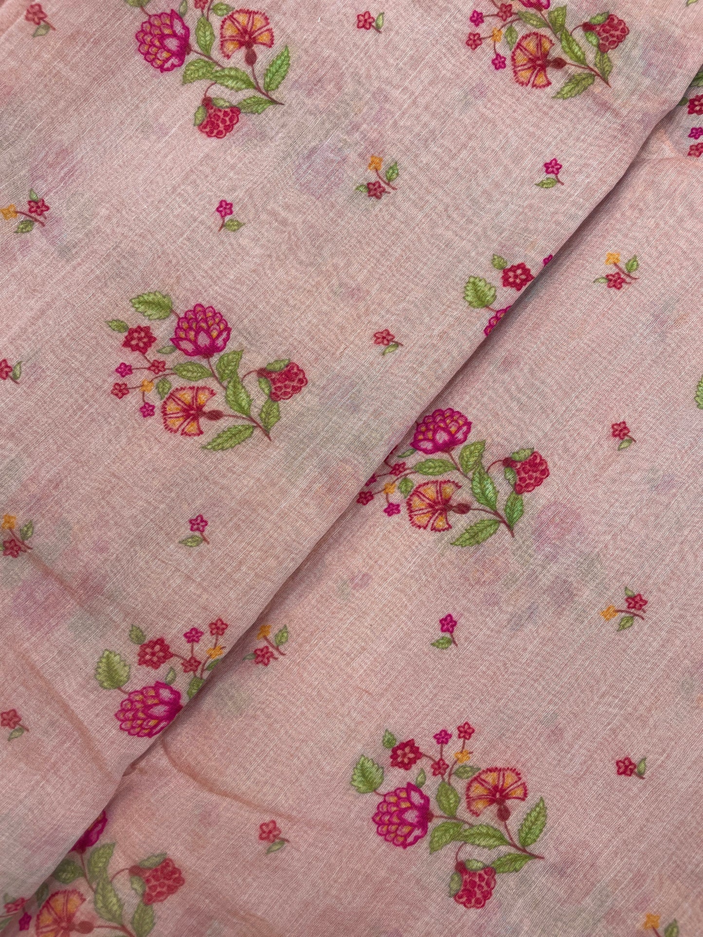 Adorable Eye Catching Dainty Pink And Peach Flower Print On Chanderi Tissue Fabric