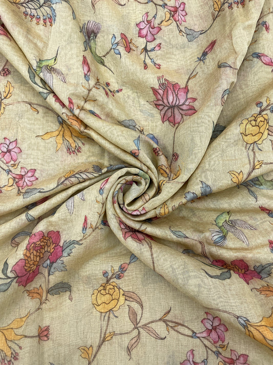 Beautiful Elegant Pink And Yellow Flowers On Chanderi Tissue Fabric