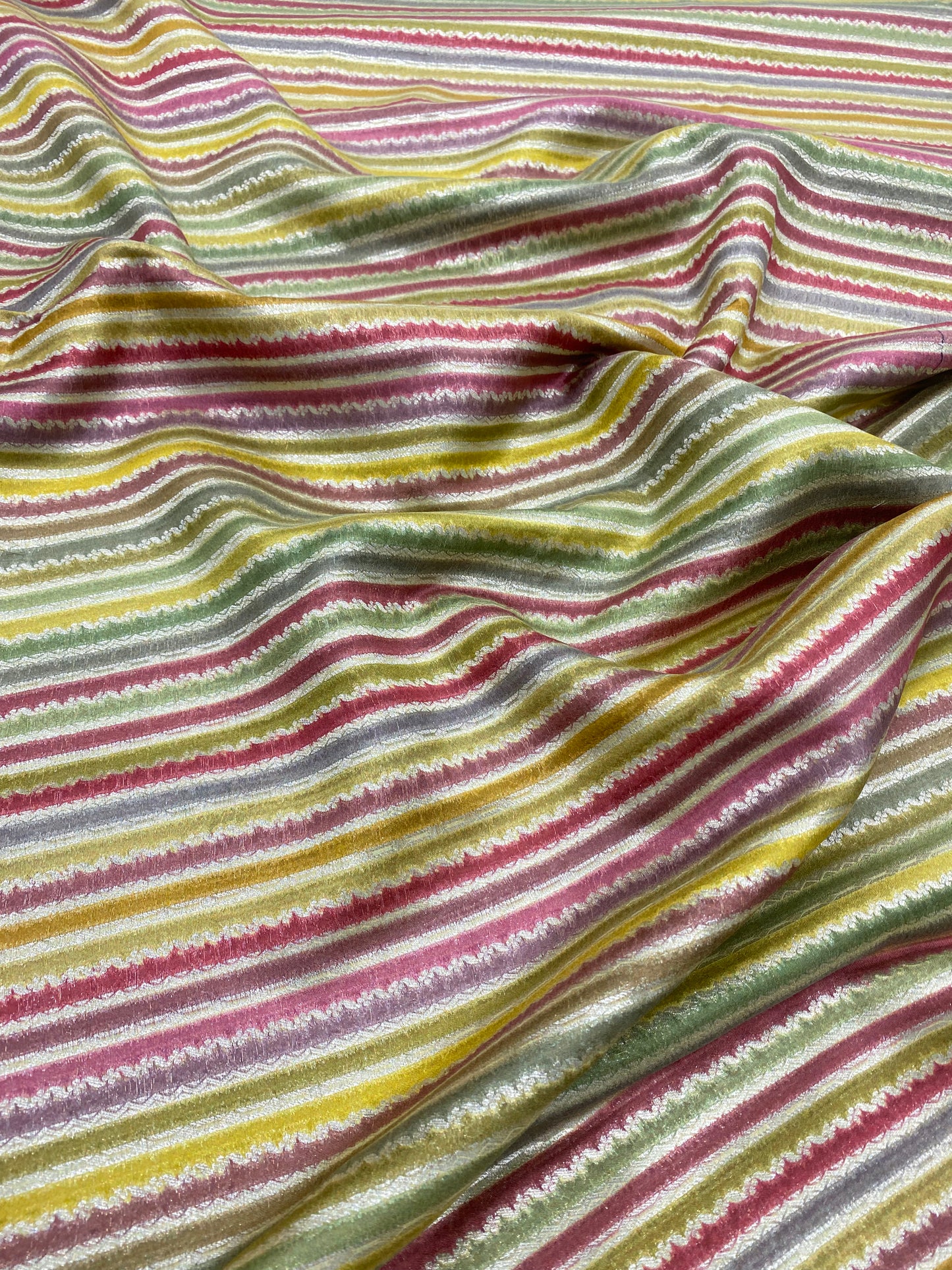 Dark Colored Stripes All Over Chiniya Silk Fabric