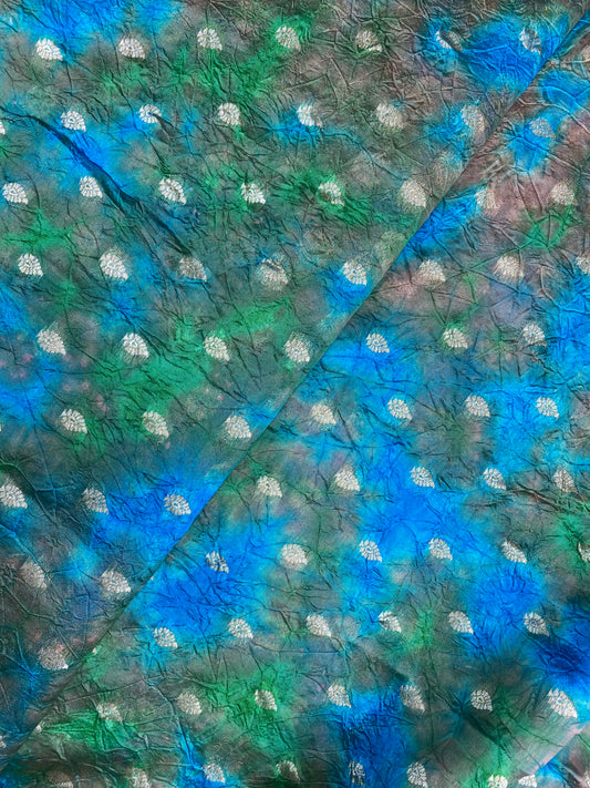 Delicate Exclusive Blue-Green Shibori Print With Golden Zari Weaving On Chiniya Silk Fabric