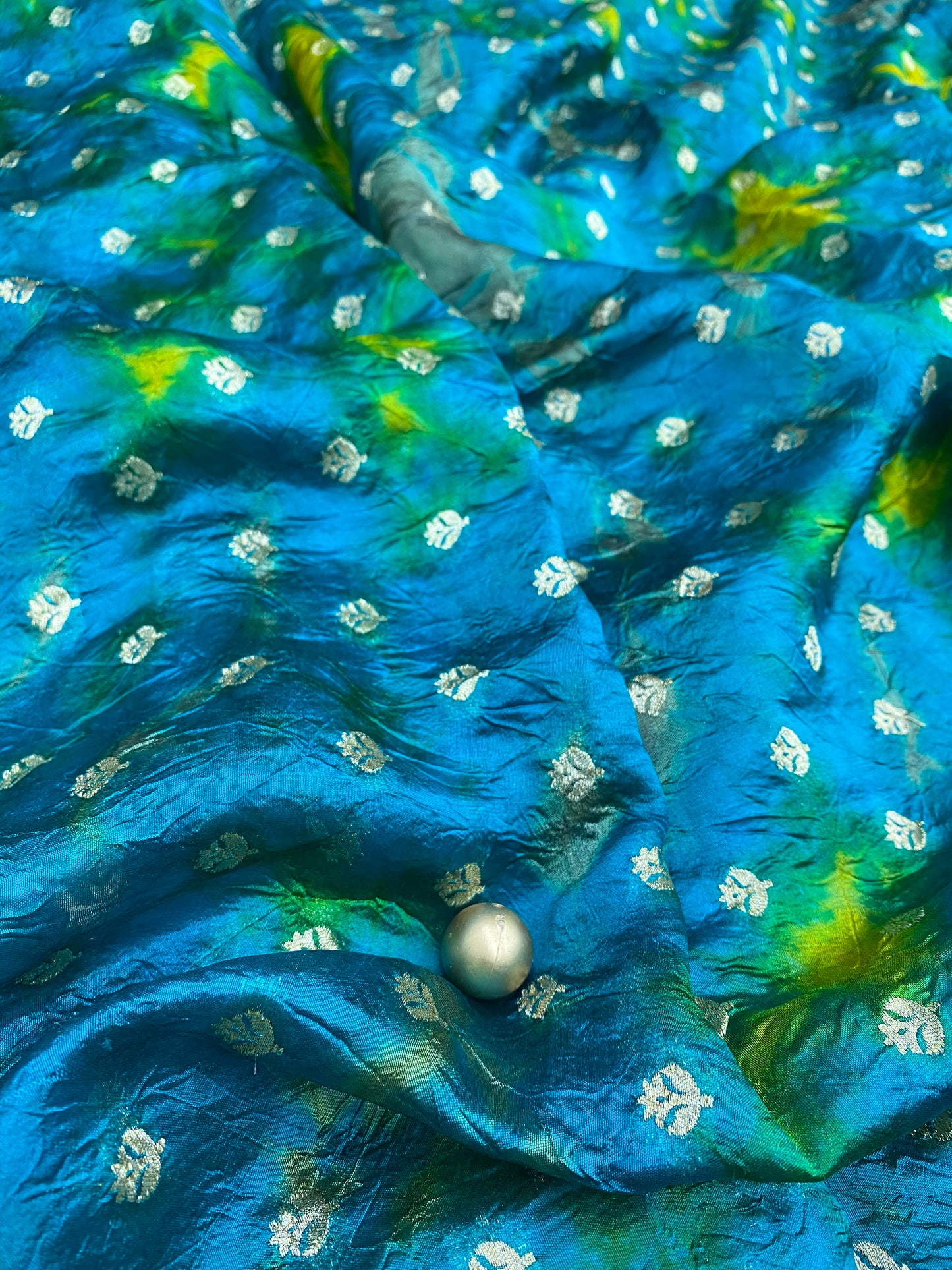 Multi Color Shibori Print With Golden Zari Butti Weaving On Chiniya Silk Fabric