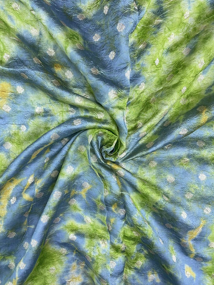 Greenish Shibori Print With Zari Weaving On Chiniya Silk Fabric