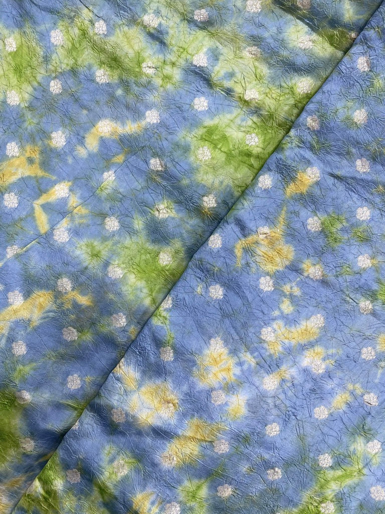 Greenish Shibori Print With Zari Weaving On Chiniya Silk Fabric