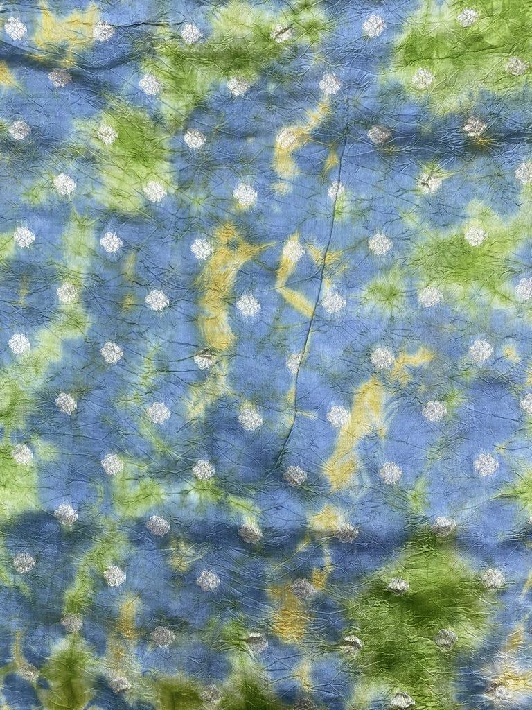 Greenish Shibori Print With Zari Weaving On Chiniya Silk Fabric