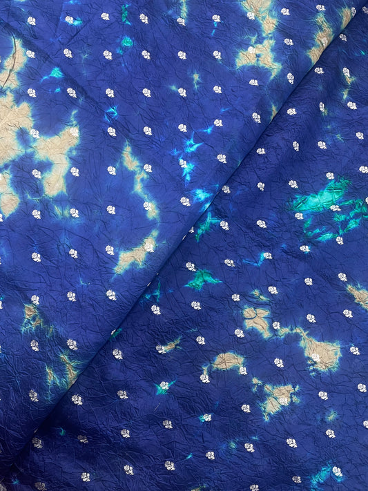 Gorgeous Excellent Navy Blue Shibori Print With Floral Zari Weaving On Chiniya Silk Fabric