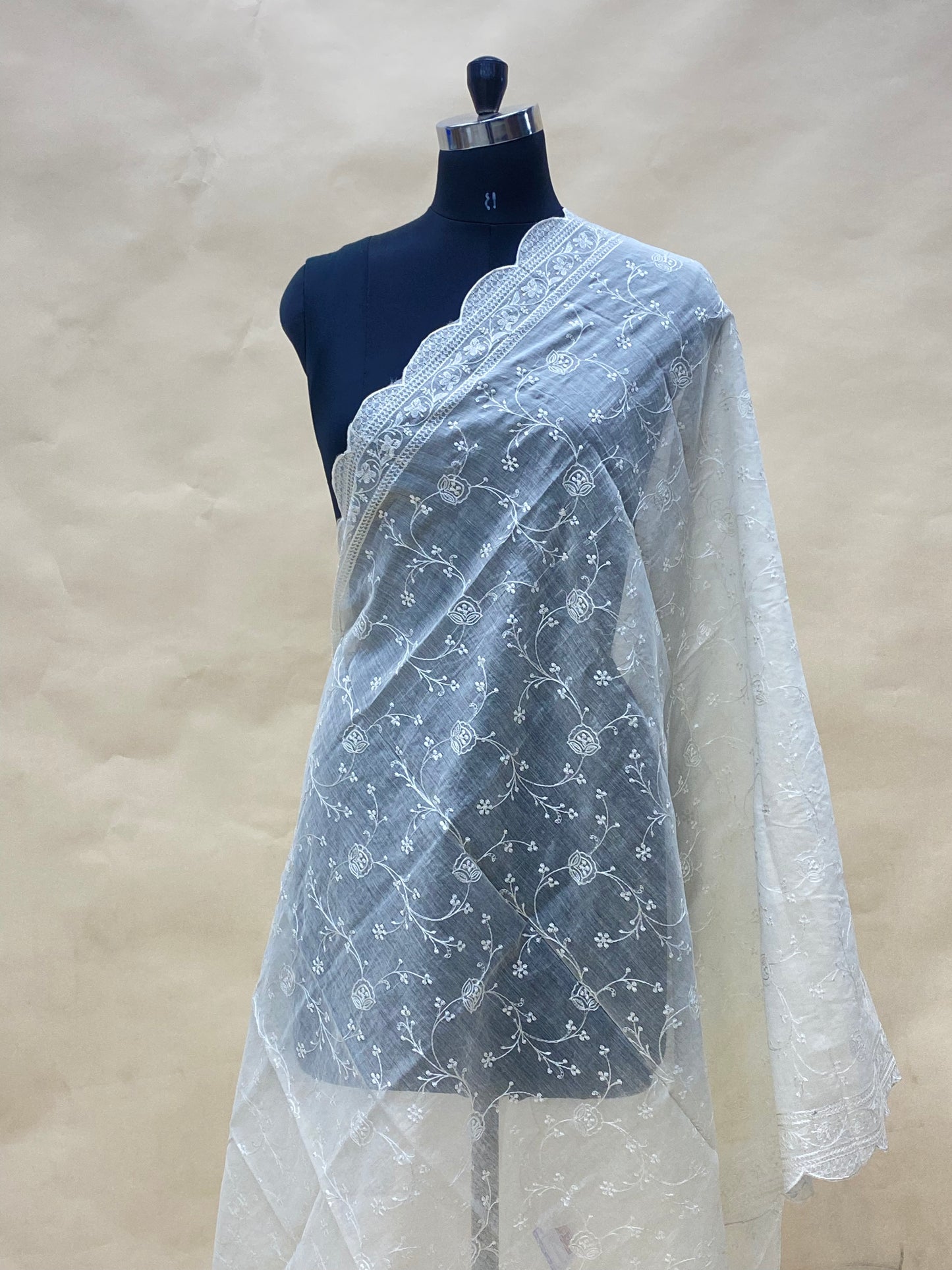 Lavish Extraordinary  Floral Thread Embroidery On Off White Chanderi Dupatta